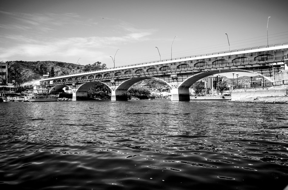 bridge black and white water landscape