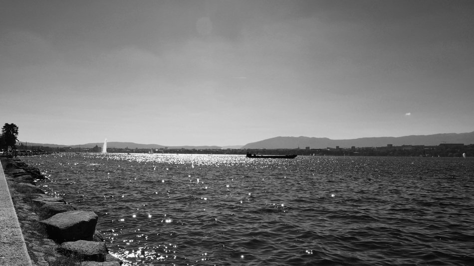 shine of water on the lake in black and white image