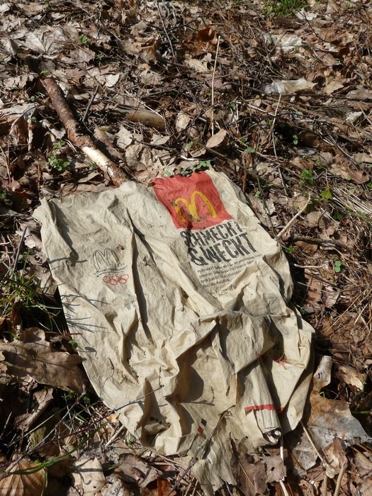 discarded paper bag on the ground