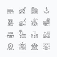 vector linear web icons set - buildings collection flat line