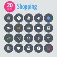 Minimalistic shopping icons on dark gray circles