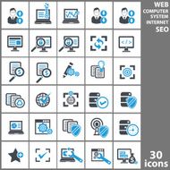Computer system and Seo analysis icons Blue version