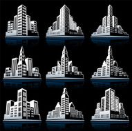 3D City Emblem black &amp; white vector icon set