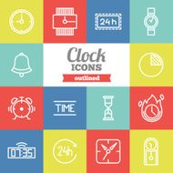 Set of flat outlined clock icons