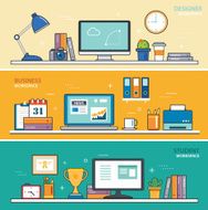 set of thin line flat design workspace designer business studen