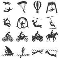 Black-and-white adventure travel icon set