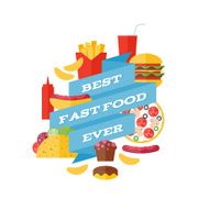 Fast food icons with ribbon illustration N2
