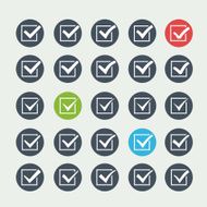 Set of twenty-five different white vector ticks or check marks