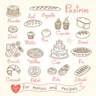 Set drawings of pastries and bread for design menus recipes N2