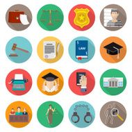 Law icon flat set with lawyer jail court jury