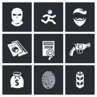 Criminal on the run and wanted icons set Vector Illustration