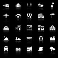 Real estate icons with reflect on black background