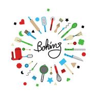 Red blue green baking utensils with blank space