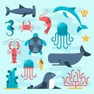 set of beautiful flat sea life