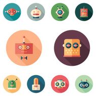 Set of colorful robots flat round icons with long shadows N2