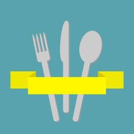 Fork spoon and knife inside yellow ribbon Menu card Flat
