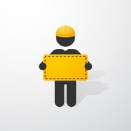 black figure with yellow helmet and a sign construction