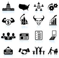 Economic recovery in America black &amp; white vector icon set