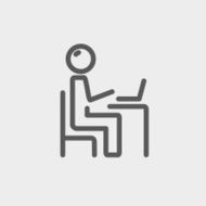 Young man and laptop thin line icon