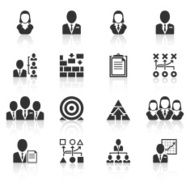 Black management icons on white background