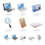 Information Icons of Computer Laptop Camera Magnifying Glass Calculator Book
