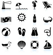 Summer beach fun black and white vector icon set