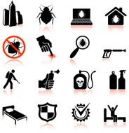 Bedbug epidemic and extermination black &amp; white vector icon set