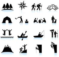 Great outdoors camping and hiking summer fun icon set