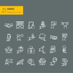 Thin line web icons of hand using different products