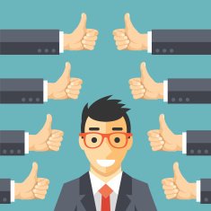 Happy businessman and many hands with thumbs up Positive feedback