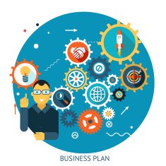 Businessman Describes Successful Strategy Plan Infographic Symbol Gears icons on