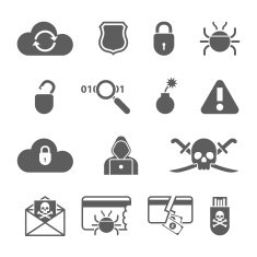 Hacker black icons set with bug virus crack worm spam