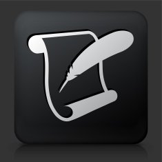 Black Square Button with Paper Scroll and Feather Quill
