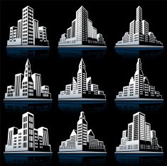 3D City Emblem black & white vector icon set