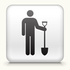 White Square Button with Worker & Shovel Icon