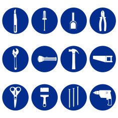 Blue circular icons of tools