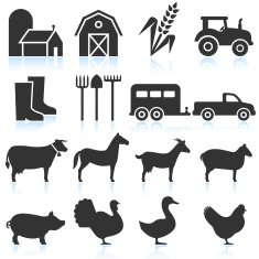 Farm Equipment and Animals black & white vector icon set