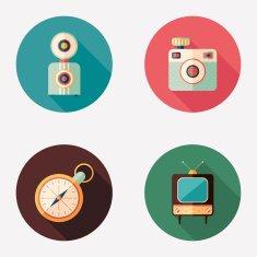 Retro cameras with clock and TV flat round icons N2