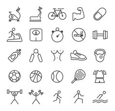 Thin Line Fitness Icons on White Background