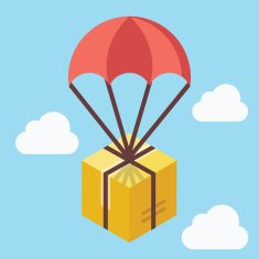 Delivery concept Brown box floating in blue sky with parachute