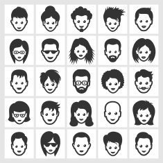 Different People Faces and Hairstyles black & white icon set