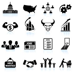 Economic recovery in America black & white vector icon set