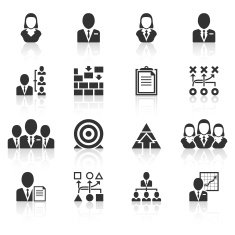 Black management icons on white background