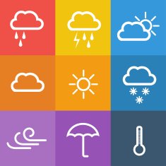 Weather icons on color background Vector illustration