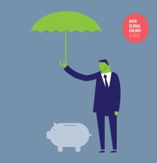 Businessman with umbrella protecting a money pig