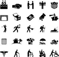 Retirement options in America black and white vector icon set