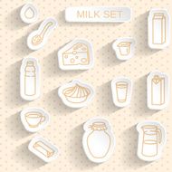 Milk and Dairy Paper Sticker Set on Seamless Retro Background