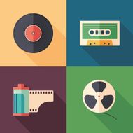 Set of colorful retro flat media icons with long shadows
