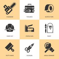 Trendy flat working tools icons black silhouettes