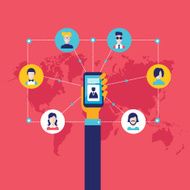 Businessman holding mobile phone with icons Social network communication concept